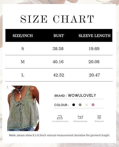 WOWULOVELY Women LaceTrim Tank Tops Sleeveless Ruffled Lace Trim Chiffon Top