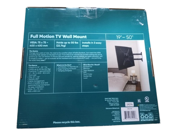 Hang Onn Full Motion TV Wall Mount 19"-50" w/90° Swivel and 15° Tilt