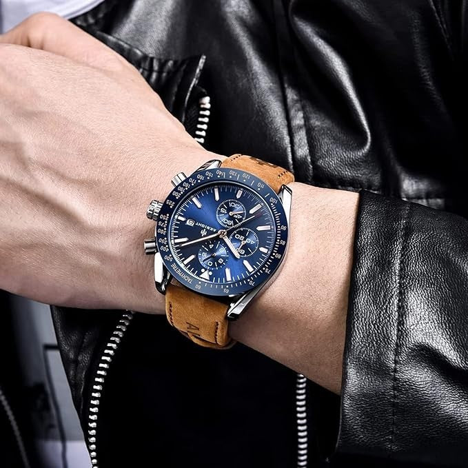 AKNIGHT Leather Watch for Men Analog Chronograph Waterproof Silver & Blue