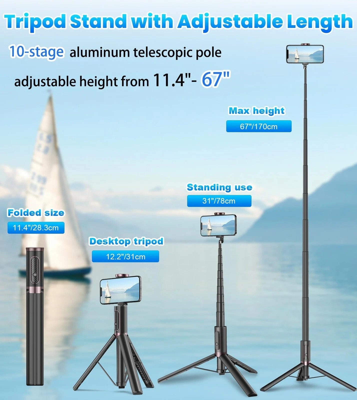 TONEOF 67" Cell Phone Selfie Stick Tripod Smartphone Stand All-in-1