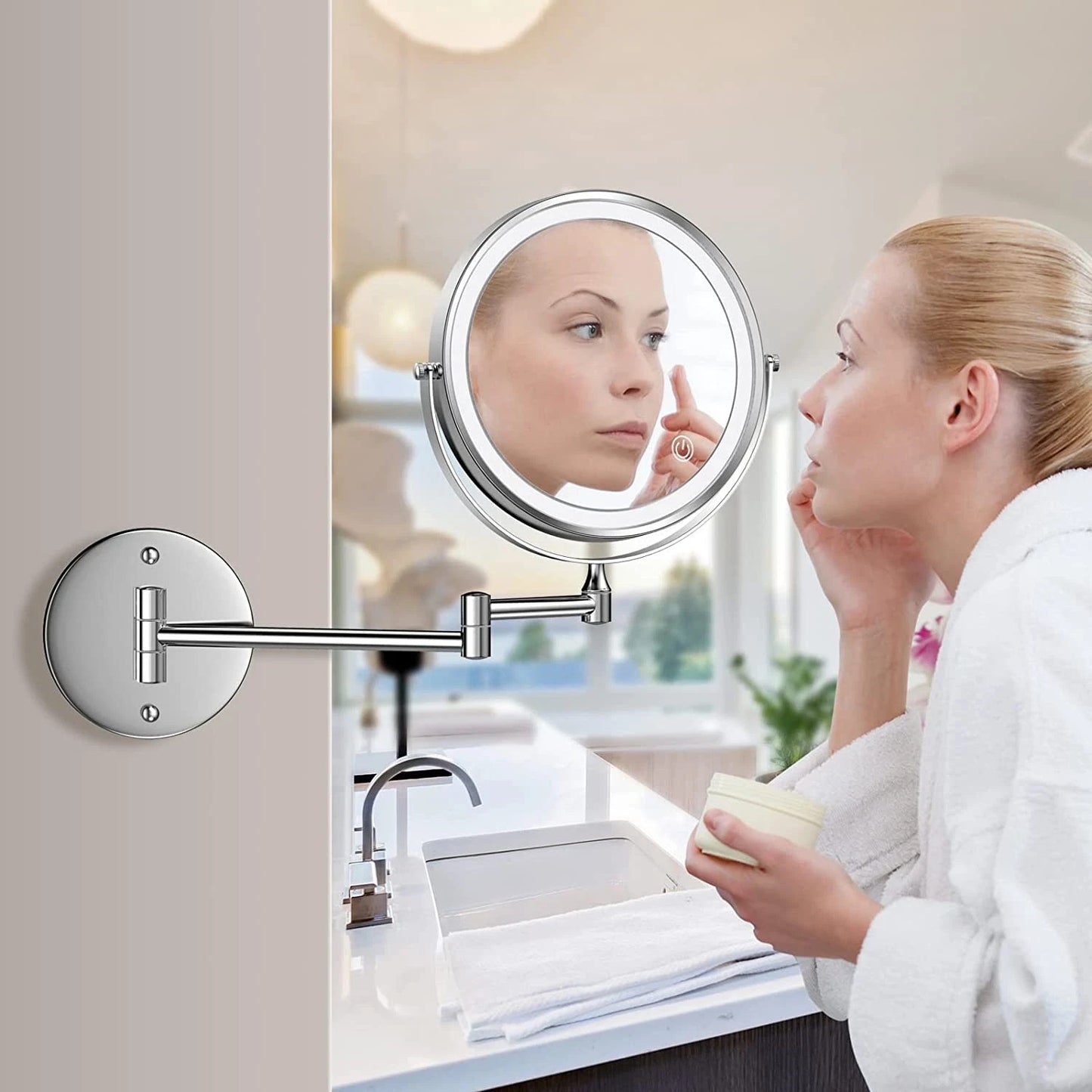 Rechargeable Wall Mounted Lighted Makeup Mirror Chrome, 8 Inch Double-Sided LED