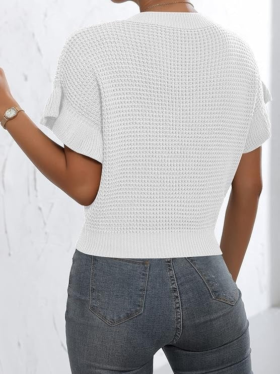 Women's Ruffled Short Sleeve Round Neck Knitted Top Pullovers Sweater - Large