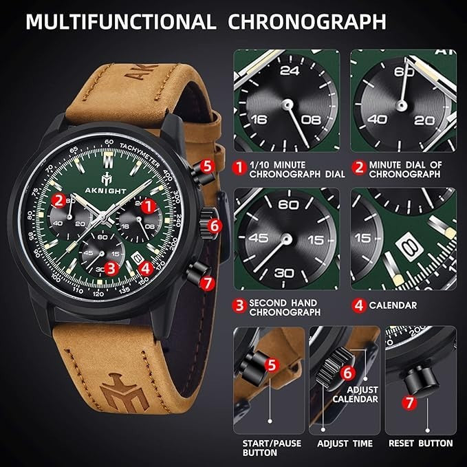 AKNIGHT Leather Watch for Men  Analog Chronograph Waterproof Black & Green