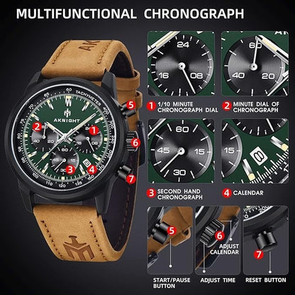 AKNIGHT Leather Watch for Men  Analog Chronograph Waterproof Black & Green