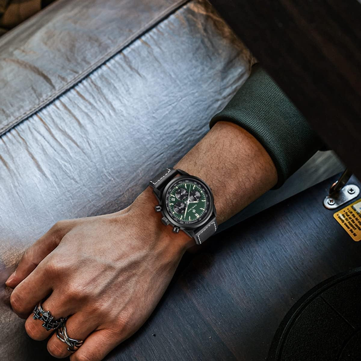AKNIGHT Leather Watch for Men  Analog Chronograph Waterproof Black & Green