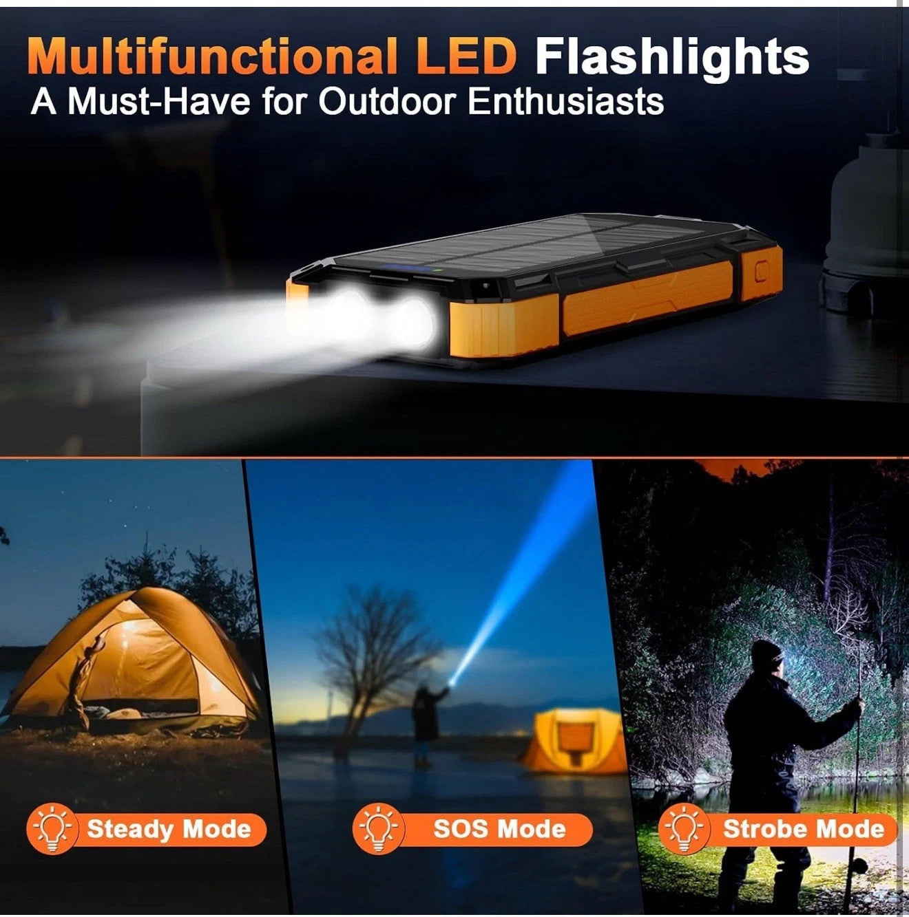 Wongkuo Solar Charger Power Bank - 49800mAh, with Built-In Charging Cords