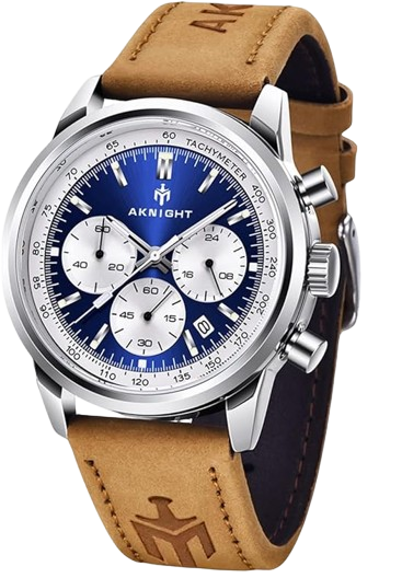 AKNIGHT Leather Watch for Men  Analog Chronograph Waterproof Silver & Blue