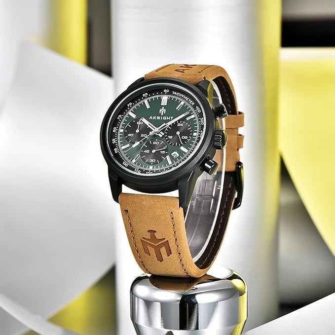 AKNIGHT Leather Watch for Men  Analog Chronograph Waterproof Black & Green