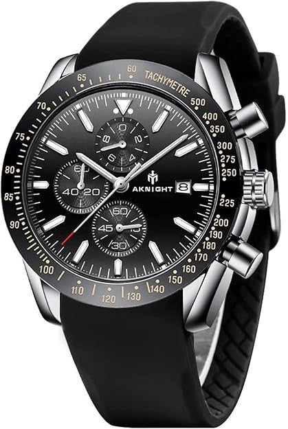 BENYAR Aknight Mens Watch Analog Quartz Chronograph Waterproof Black & Siver