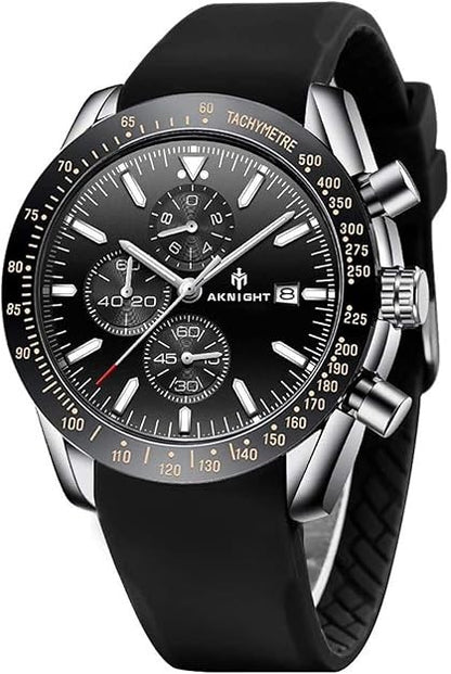 BENYAR Aknight Mens Watch Analog Quartz Chronograph Waterproof Black & Siver