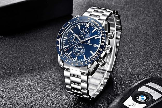 AKNIGHT Men's Watches 45mm Big Face, Waterproof Chronograph Silver & Blue