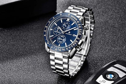 AKNIGHT Men's Watches 45mm Big Face, Waterproof Chronograph Silver & Blue