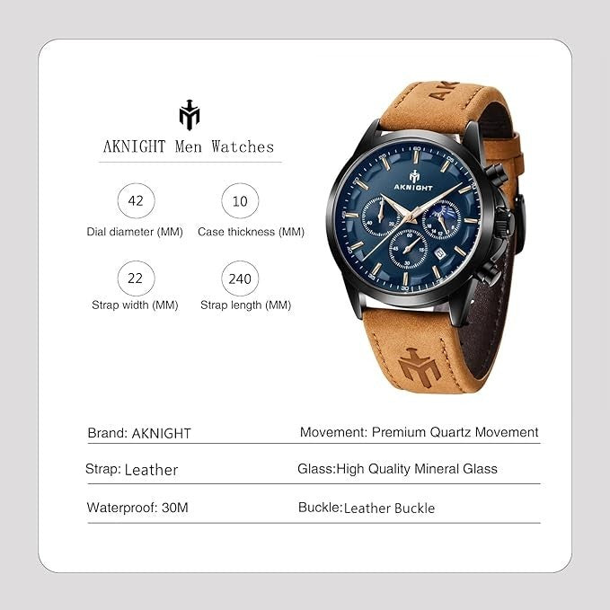 AKNIGHT Leather Watch for Men  Analog Chronograph Waterproof Silver & Blue