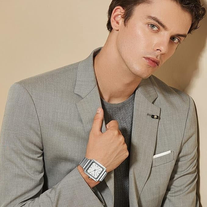 AKNIGHT Men's Square Watches Chronograph Elegant Business Watch Silver & White