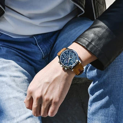 AKNIGHT Leather Watch for Men  Analog Chronograph Waterproof Silver & Blue