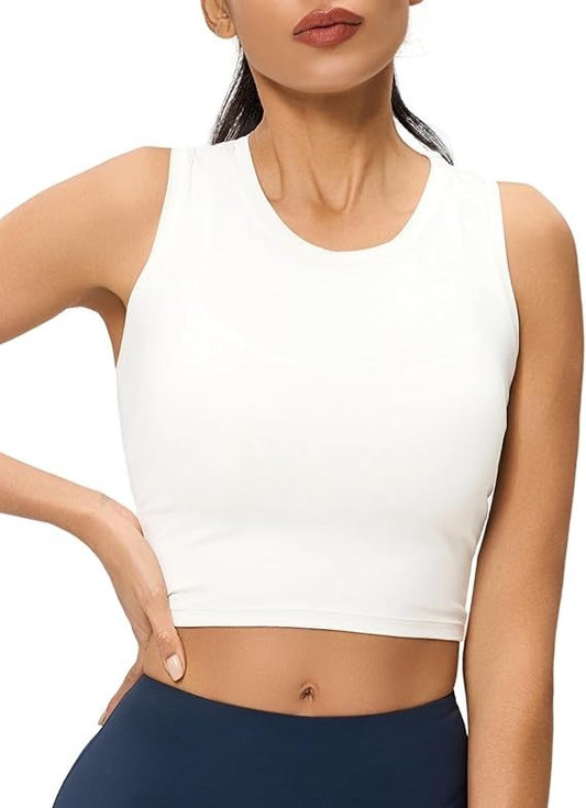 Women's High Neck Crop Top Sleeveless Racer Back Basic Workout Tank Tops - White