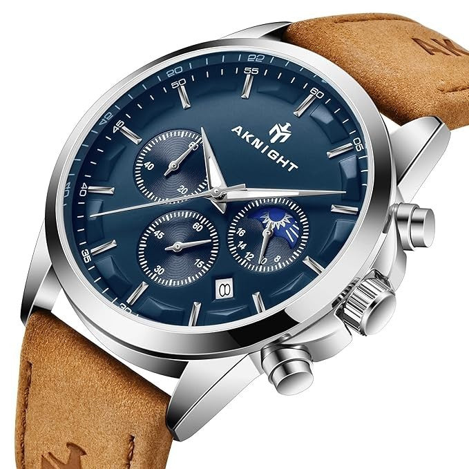 AKNIGHT Leather Watch for Men  Analog Chronograph Waterproof Silver & Blue