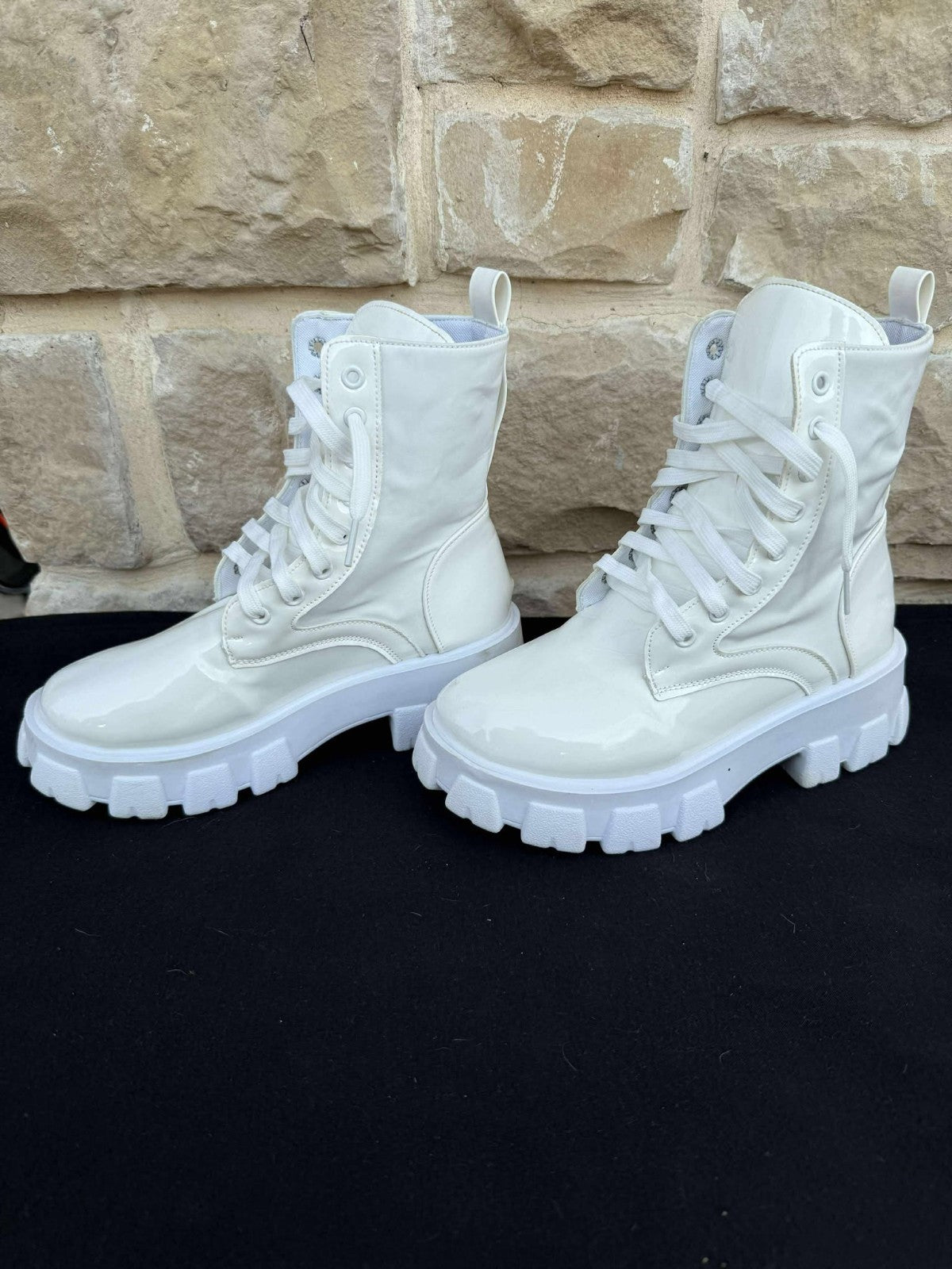 Pre-owned Women Mid Calf Round Toe Platform Boots Chunky Block Heel 8" High