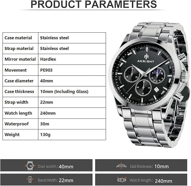AKNIGHT Men's Watches 45mm Big Face, Waterproof Chronograph Silver & Black
