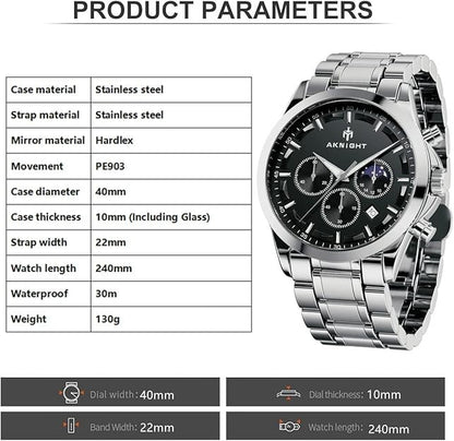 AKNIGHT Men's Watches 45mm Big Face, Waterproof Chronograph Silver & Black