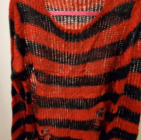 SATINIOR Red & Black Striped Gothic Sweaters Women Ripped Loose Long Knitted
