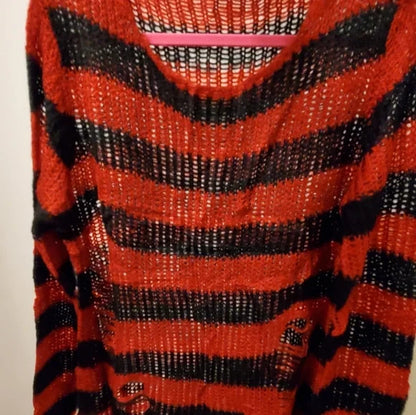 SATINIOR Red & Black Striped Gothic Sweaters Women Ripped Loose Long Knitted