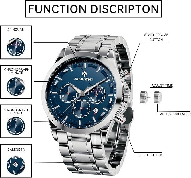 BENYAR AKNIGHT Men's Watches 45mm Big Face, Waterproof Chronograph Silver & Blue