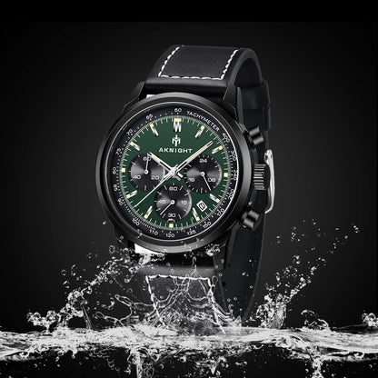 AKNIGHT Leather Watch for Men  Analog Chronograph Waterproof Black & Green