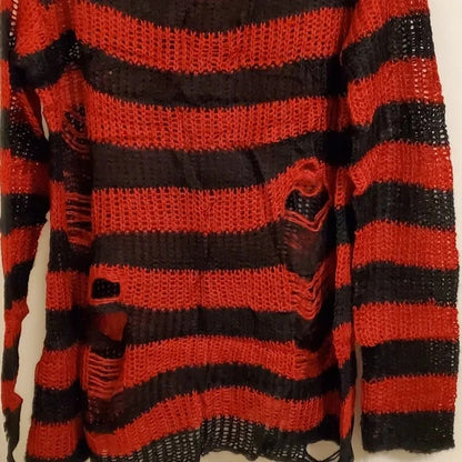 SATINIOR Red & Black Striped Gothic Sweaters Women Ripped Loose Long Knitted