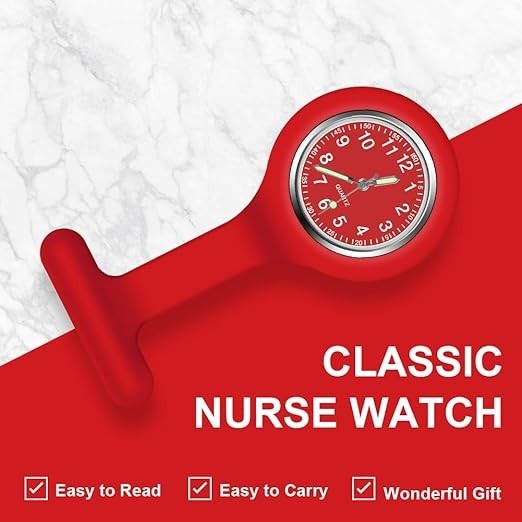 Nurses Watch Pin Round Red Dial Easy to Read in Red Silicone Case Brand New