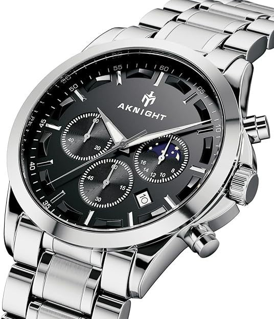 AKNIGHT Men's Watches 45mm Big Face, Waterproof Chronograph Silver & Black