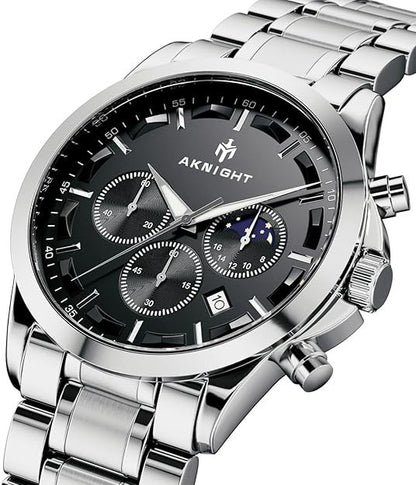 AKNIGHT Men's Watches 45mm Big Face, Waterproof Chronograph Silver & Black