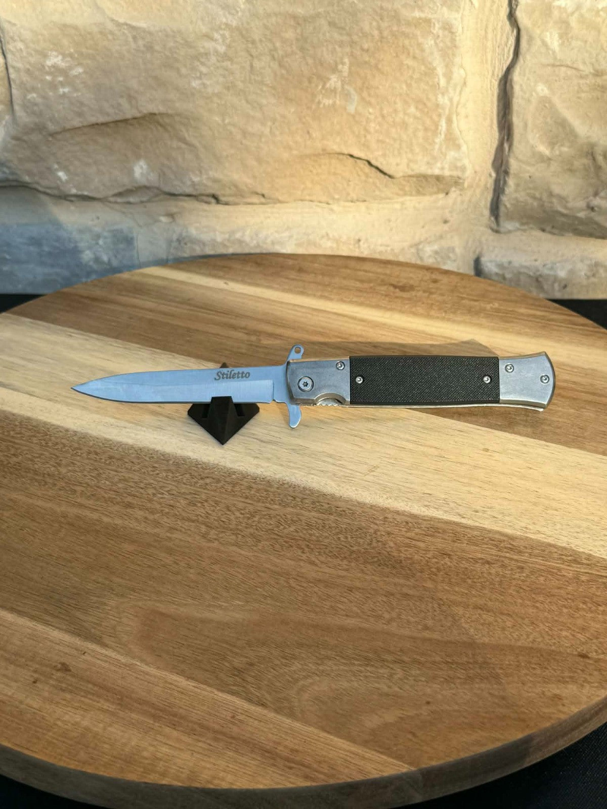 ElitEdge 10A96SL Assist Open Stiletto Stonewash Linerlock Knife Black Handles