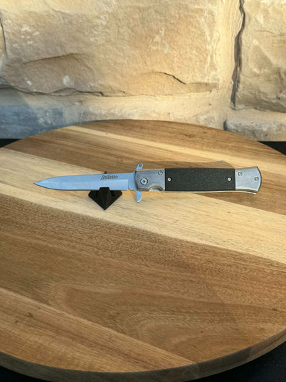 ElitEdge 10A96SL Assist Open Stiletto Stonewash Linerlock Knife Black Handles