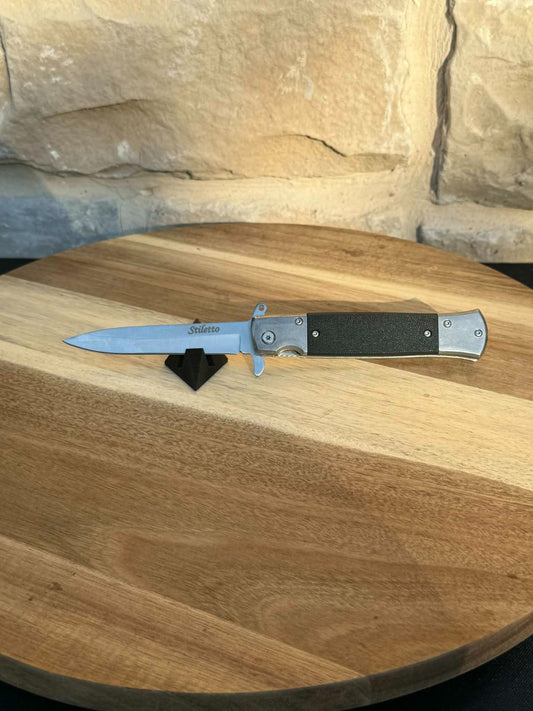 ElitEdge 10A96SL Assist Open Stiletto Stonewash Linerlock Knife Black Handles