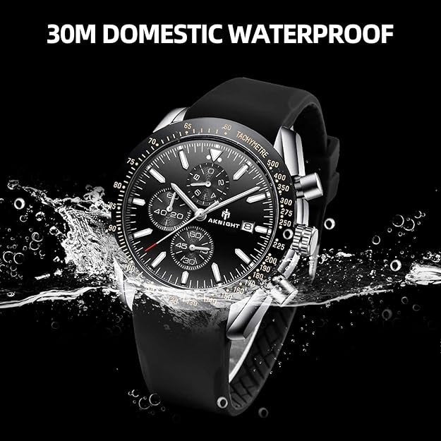 BENYAR Aknight Mens Watch Analog Quartz Chronograph Waterproof Black & Siver