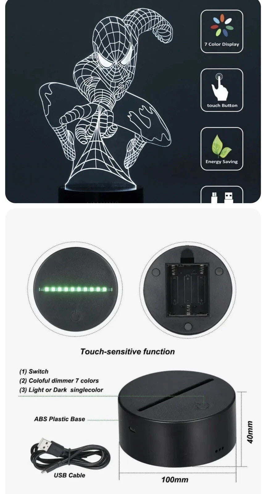 Brand New 3D LED Spiderman Bedroom Room Lamp 7 Colors Desk Lamp Touch