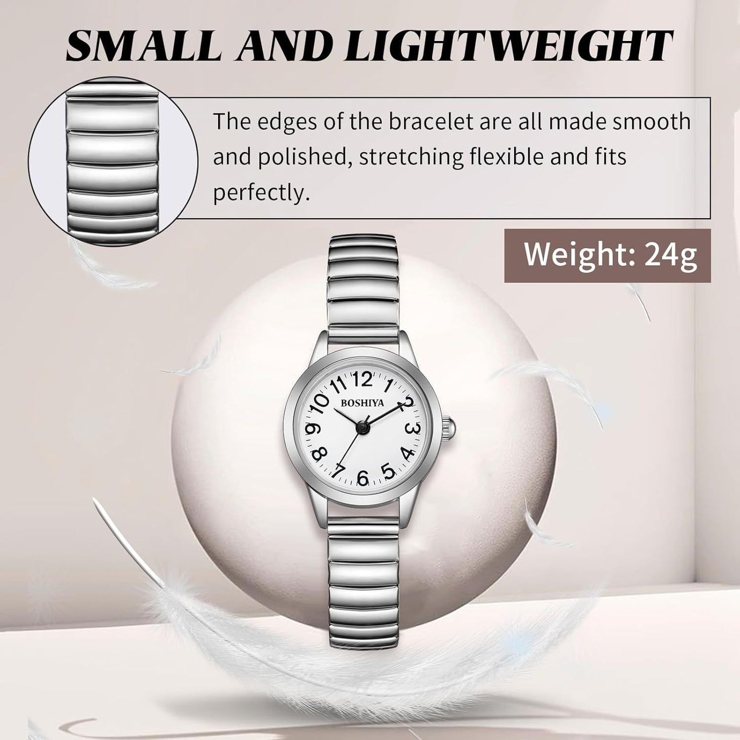 BOSHIYA Small Silver Women's Watch, Easy Reader Analog Ladies Quartz