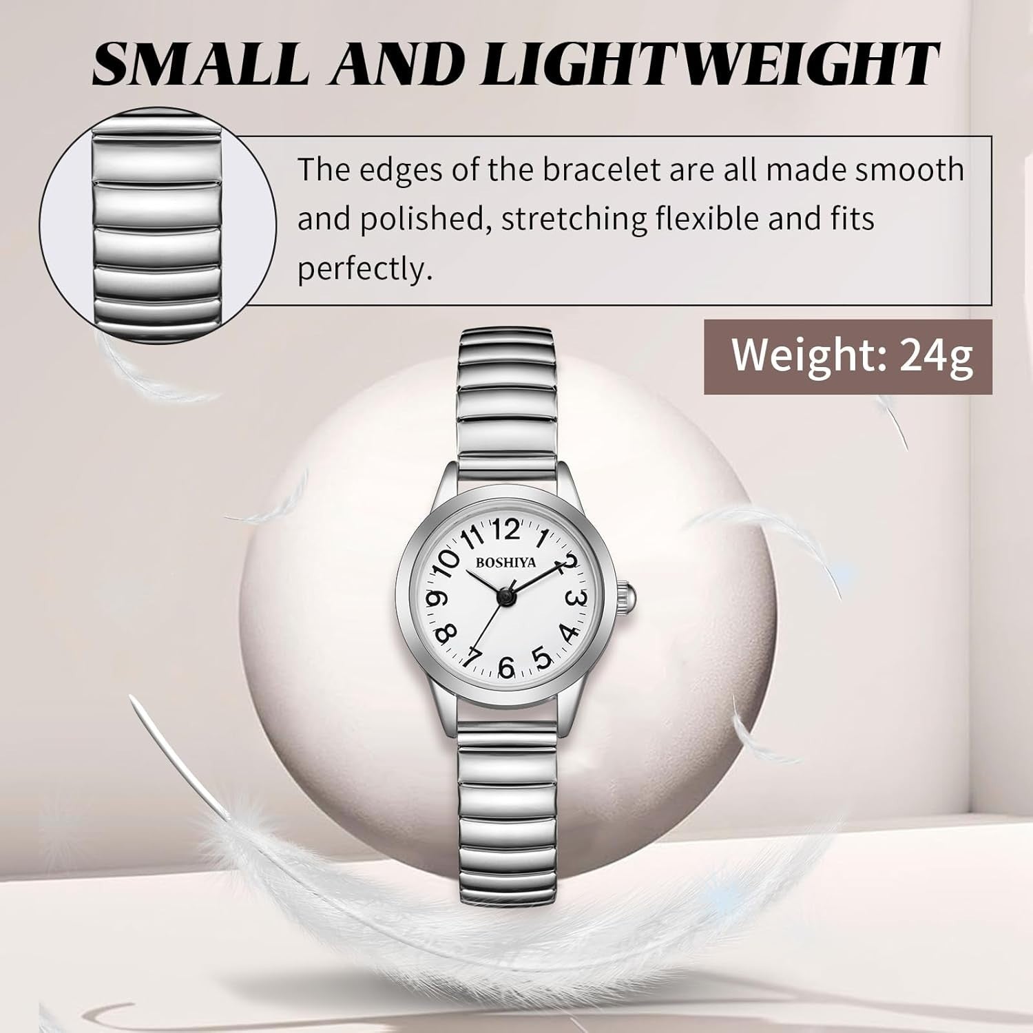 BOSHIYA Small Silver Women's Watch, Easy Reader Analog Ladies Quartz