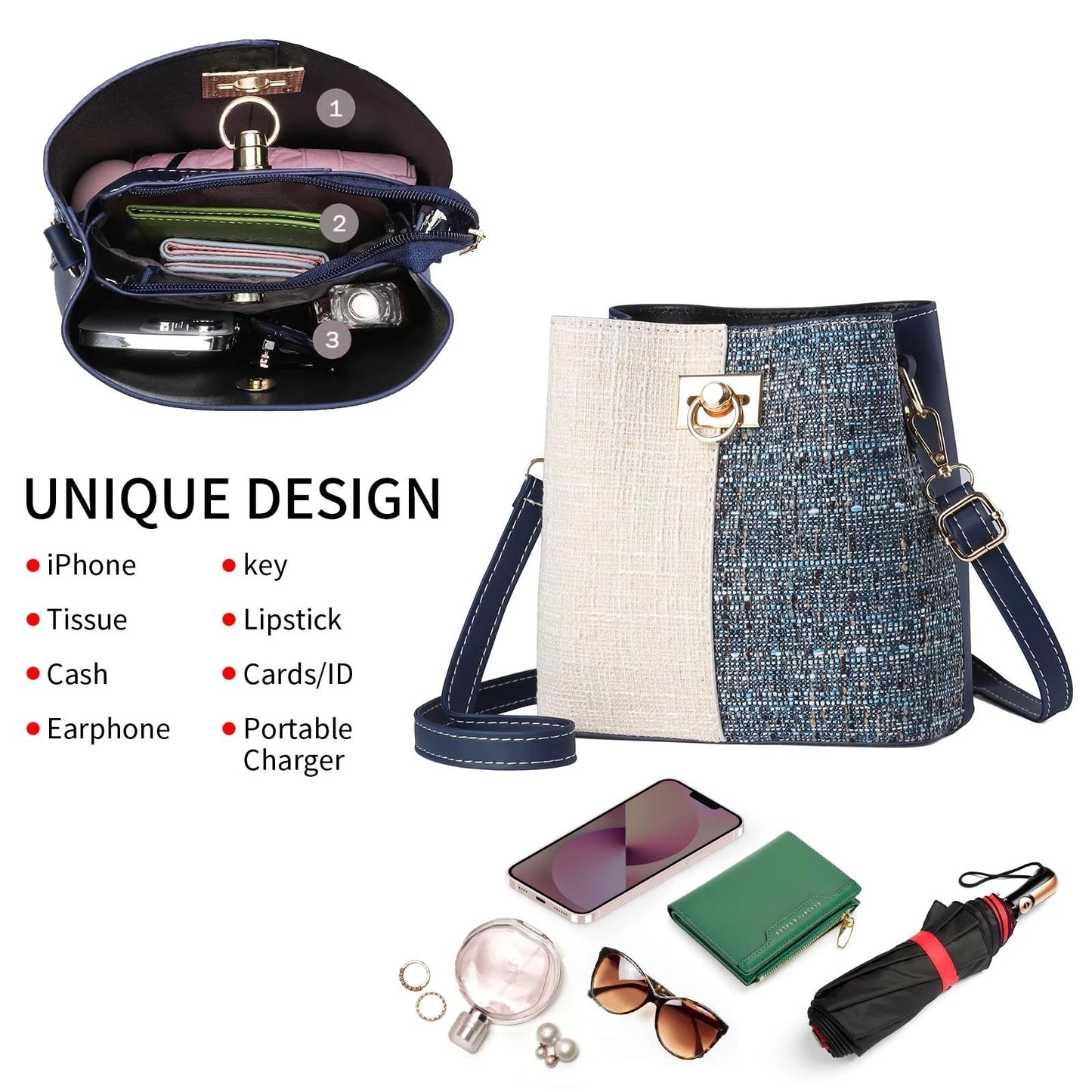 Trendy Crossbody Bucket Bag for Women Blue PU Leather Gold Hardware Medium