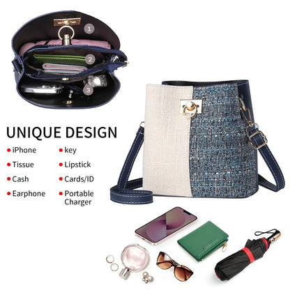 Trendy Crossbody Bucket Bag for Women Blue PU Leather Gold Hardware Medium