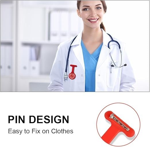 Nurses Watch Pin Round Red Dial Easy to Read in Red Silicone Case Brand New
