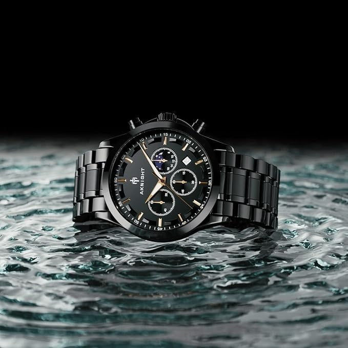 AKNIGHT Men's Watches 45mm Big Face, Waterproof Chronograph Black & Gold