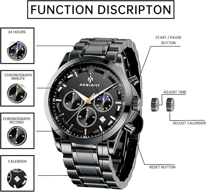 AKNIGHT Men's Watches 45mm Big Face, Waterproof Chronograph Black & Gold