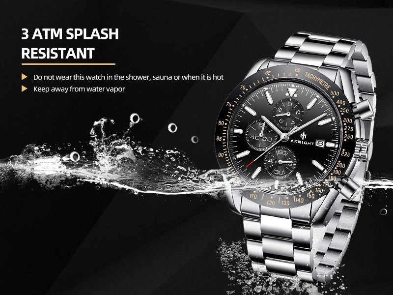 AKNIGHT Men's Watches 45mm Big Face, Waterproof Chronograph Silver & Black