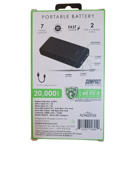 Liquipel Powertek Portable Battery Charger 20,000mAh, Dual USB