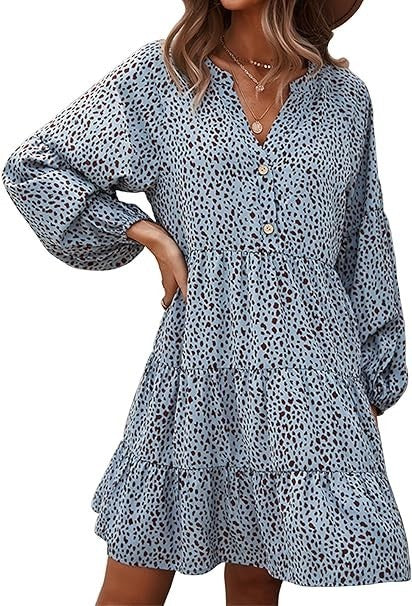 Yoyoveta Women's Blue Leopard Print Long Sleeve V-Neck Ruffled Dress XL