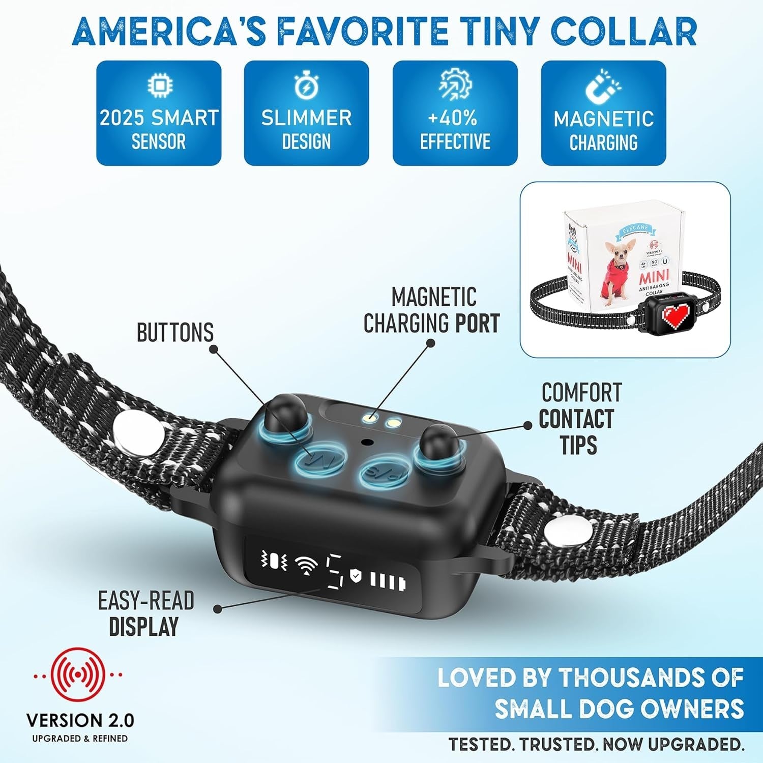 Elecane Mini Anti Barking Collar – No shock, Rechargeable, Waterproof, 4+ lbs