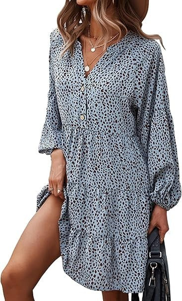 Yoyoveta Women's Black Leopard Print Long Sleeve V-Neck Ruffled Dress XL