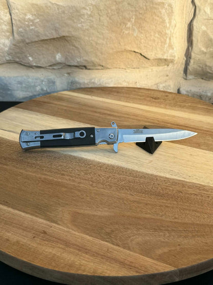 ElitEdge 10A96SL Assist Open Stiletto Stonewash Linerlock Knife Black Handles